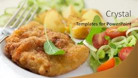  Presentation with food ice - PPT theme enhanced with schnitzel with roasted potatoes cherry tomatoes leek ice lettuce and fresh herbs home made tasty food symbolic image concept for a tasty and hearty meal close up background and a yellow colored foreground