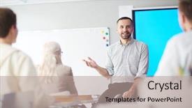  Presentation with new teacher - Presentation theme enhanced with scholar - happy confident teacher explaining his background and a coral colored foreground