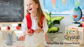  Presentation with school apple - PPT layouts featuring scholar - little laughing blond girl standing background and a mint green colored foreground