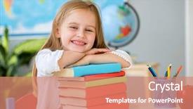  Presentation with school desk - Colorful theme enhanced with scholar - little smiling blond girl sitting backdrop and a coral colored foreground
