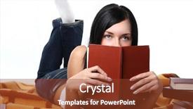  Presentation with child girl reading a book - Slide deck featuring scholastic - girl searching the book background and a  colored foreground