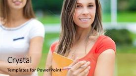  Presentation with recognition in school - Theme with scholastic - smiling student outside school background and a  colored foreground