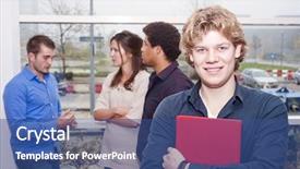  Presentation with college campus - PPT theme featuring scholastic - smiling young man walking background and a  colored foreground