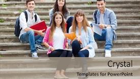  Presentation with group of students raising hands - Presentation design featuring scholastic - students group sitting outdoor background and a  colored foreground