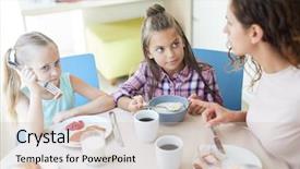  Presentation with ready to eat meal delivery - Slide set consisting of schold food - cute little girls eating homemade background and a  colored foreground