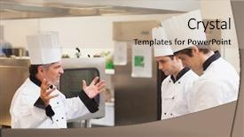  Presentation with employees - Audience pleasing slides consisting of schold food - head chef scolding employees backdrop and a soft green colored foreground