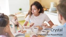  Presentation with naughty boy - Slides with schold food - young woman talking strictly background and a  colored foreground