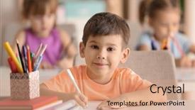  Presentation with classroom - Colorful presentation theme enhanced with school - cute boy drawing in classroom backdrop and a coral colored foreground