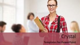  Presentation with writing education female writer - Beautiful PPT theme featuring new school - education and people concept backdrop and a violet colored foreground