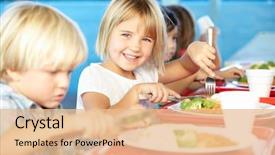  Presentation with school cafeteria - Presentation theme featuring school - elementary pupils enjoying healthy lunch background and a lemonade colored foreground