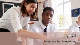  Presentation with pupil - Cool new presentation with school - female teacher helping pupil using backdrop and a coral colored foreground