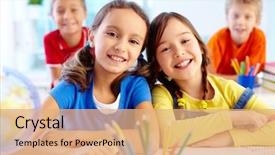  Presentation with workplace - Amazing PPT theme having school - portrait of two diligent girls backdrop and a coral colored foreground