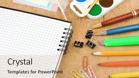  Presentation with notebook texture - PPT layouts enhanced with school accessories and checked notebook on wooden texture background and a coral colored foreground