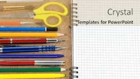  Presentation with notebook texture - Colorful theme enhanced with school accessories and checked notebook on wood texture backdrop and a yellow colored foreground