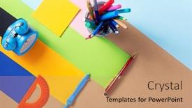  Presentation with accessories - PPT theme featuring school-accessories-and-office-supplies background and a coral colored foreground