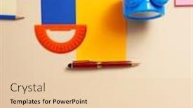  Presentation with accessories - PPT theme enhanced with school-accessories-and-office-supplies background and a lemonade colored foreground