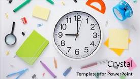  Presentation with grungy white concrete wall - PPT theme having school accessories and wall clock background and a sky blue colored foreground