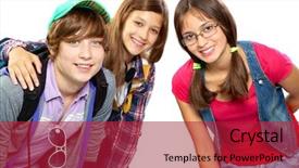  Presentation with share friends - Colorful slides enhanced with school adolescent - image of three friends backdrop and a crimson colored foreground