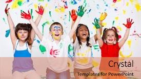  Presentation with clothing - Theme with school age children - group of cheerful kids background and a coral colored foreground