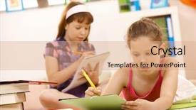  Presentation with rubrics for writing - Colorful presentation theme enhanced with school age children - schoolgirls doing homework at home backdrop and a coral colored foreground