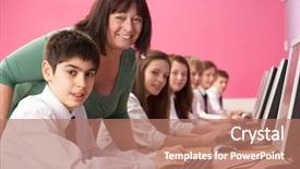  Presentation with computers - Audience pleasing slides consisting of school age children - teenage students in it class backdrop and a coral colored foreground