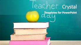  Presentation with school anniversary - Presentation design featuring school anniversary - books and apple on blackboard background and a teal colored foreground