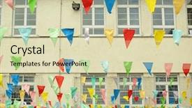  Presentation with school anniversary - Slides with school anniversary - building decorated for festival background and a soft green colored foreground