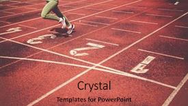  Presentation with finish line - Audience pleasing PPT theme consisting of school athletics meeting - runners approaching the finish line backdrop and a coral colored foreground