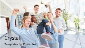  Presentation with winner cup - PPT layouts with school awards - students hold winner trophy background and a light blue colored foreground