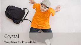  Presentation with cute - Slide deck featuring school back ground - cute boy posing at home background and a  colored foreground