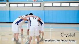  Presentation with basketball players - Amazing PPT layouts having school basketball players in huddle backdrop and a soft green colored foreground