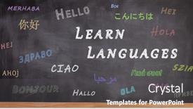  Presentation with school languages - Presentation theme with school-blackboard-written-with-hello background and a dark gray colored foreground