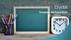  Presentation with school board - Colorful PPT layouts enhanced with school board and clock on wooden table backdrop and a ocean colored foreground