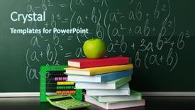  Presentation with school desk - Audience pleasing PPT theme consisting of school books on desk near backdrop and a ocean colored foreground