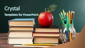  Presentation with school apple - PPT theme enhanced with school books with stationery background and a  colored foreground
