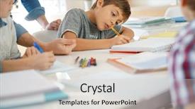  Presentation with writing notes - Beautiful slide deck featuring school boy - kids writing notes in classroom backdrop and a light gray colored foreground