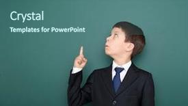  Presentation with finger point - Presentation theme enhanced with school boy in black suit show finger up gesture and wonder point on green chalkboard background education concept background and a ocean colored foreground