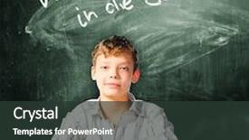  Presentation with chalk board - Colorful presentation design enhanced with school boy is sitting at table with chalk board and back to school in german caption behind him backdrop and a tawny brown colored foreground