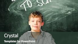  Presentation with school board - Cool new PPT theme with school boy is sitting at table with chalk board and back to school caption behind him backdrop and a tawny brown colored foreground