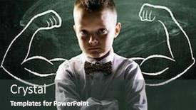  Presentation with standing strong - Colorful presentation theme enhanced with school boy is standing with strong hands on blackboard behind him backdrop and a tawny brown colored foreground