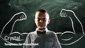  Presentation with standing strong - PPT theme enhanced with school boy is standing with strong hands on blackboard behind him background and a tawny brown colored foreground