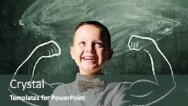  Presentation with standing strong - PPT theme with school boy is standing with strong hands on blackboard behind him background and a tawny brown colored foreground