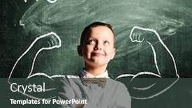  Presentation with standing strong - Presentation theme enhanced with school boy is standing with strong hands on blackboard behind him background and a tawny brown colored foreground