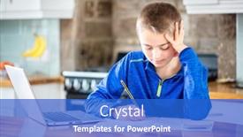  Presentation with distance learning - PPT layouts with school-boy-studying-in-kitchen background and a cobalt blue colored foreground