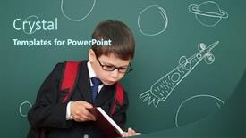  Presentation with school board - PPT theme having boy with drawing space rocket background and a ocean colored foreground