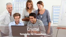  Presentation with computer - Colorful PPT theme enhanced with school boys girls background presentation - co-workers gathered around computer screen backdrop and a  colored foreground