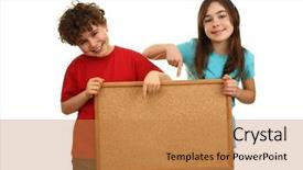  Presentation with noticeboard - Presentation theme featuring school boys girls background presentation - kids holding noticeboard isolated background and a coral colored foreground