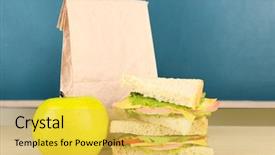  Presentation with airport boarding board - Colorful presentation theme enhanced with lunchroom - school breakfast on desk backdrop and a yellow colored foreground