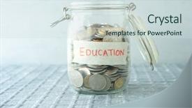 Presentation with education money - Theme with school budget - coins in glass money jar background and a sky blue colored foreground
