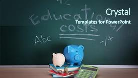  Presentation with school budget - PPT layouts enhanced with school budget - piggy bank with books coins background and a ocean colored foreground